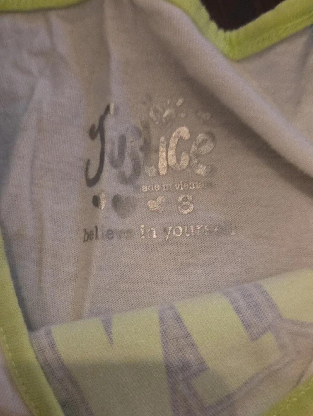 Justice Girls White Tee with Blue Sleeves & Lime Dance Heart Graphic